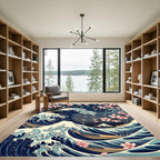 Japanese Wave and Cherry Blossom Art Rug