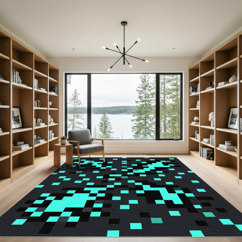 Cyan Pixelated Electric Storm Abstract Rug