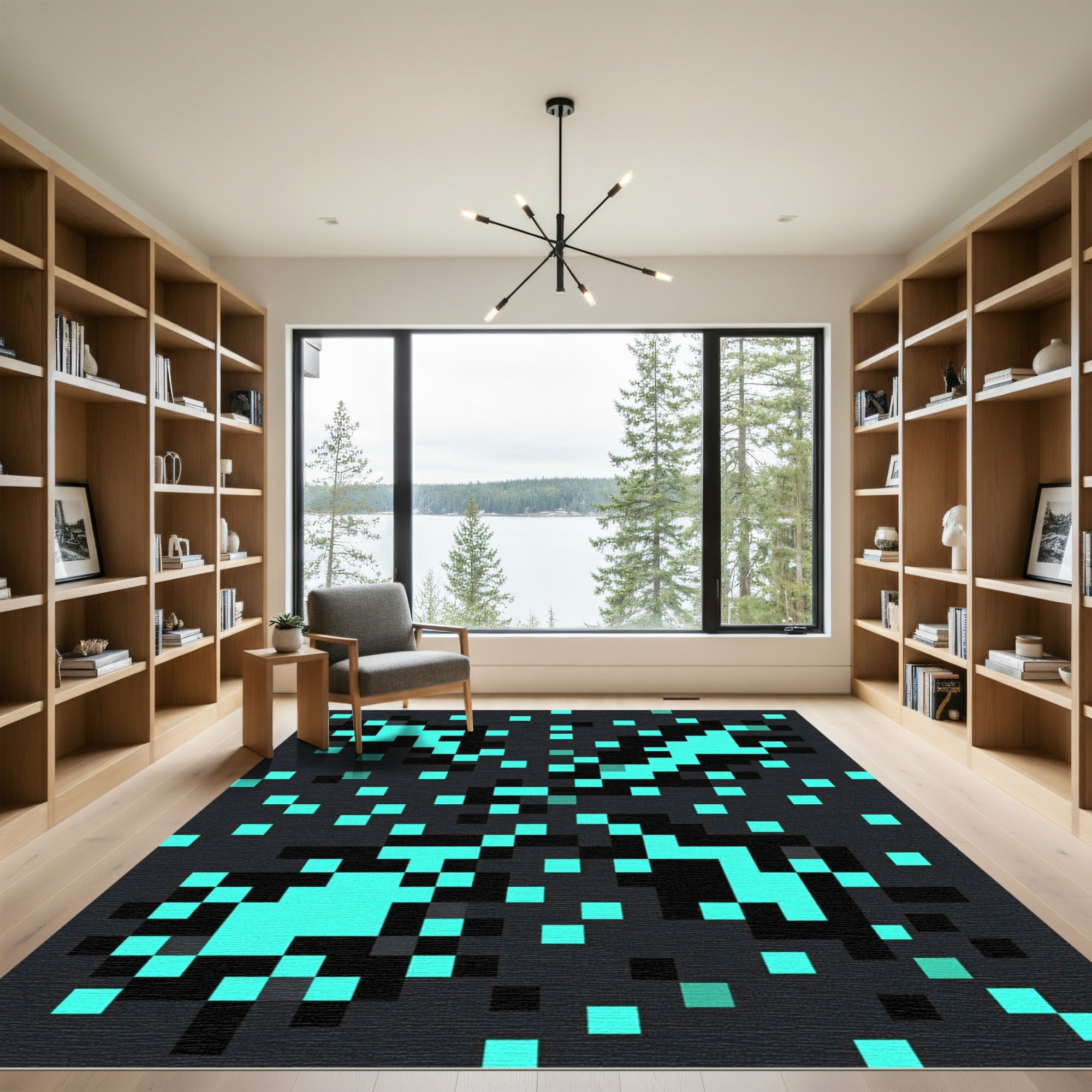 Cyan Pixelated Electric Storm Abstract Rug