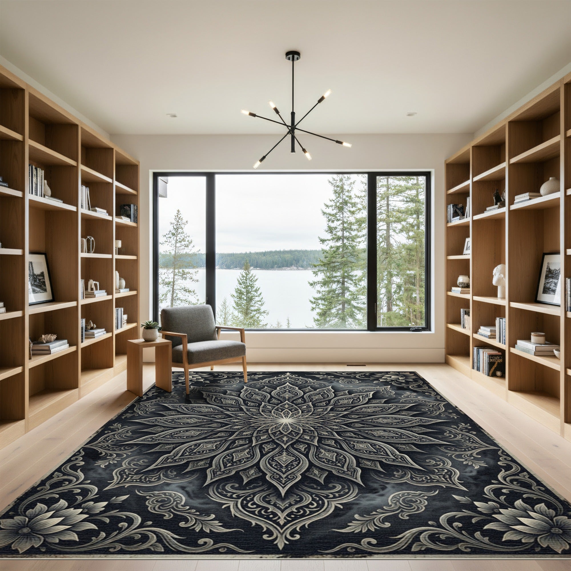 Intricate Charcoal Silver Floral Medallion Rug