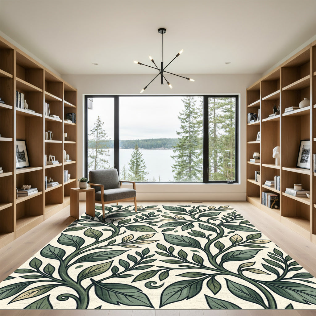 Lush Forest Green Botanical Leaf Vine Rug