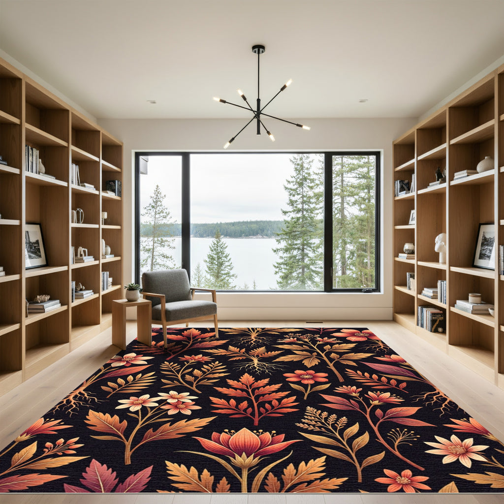 Earthy Botanical Gold and Crimson Floral Rug