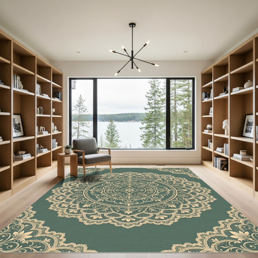 Elegant Teal Damask Lace Medallion Rug