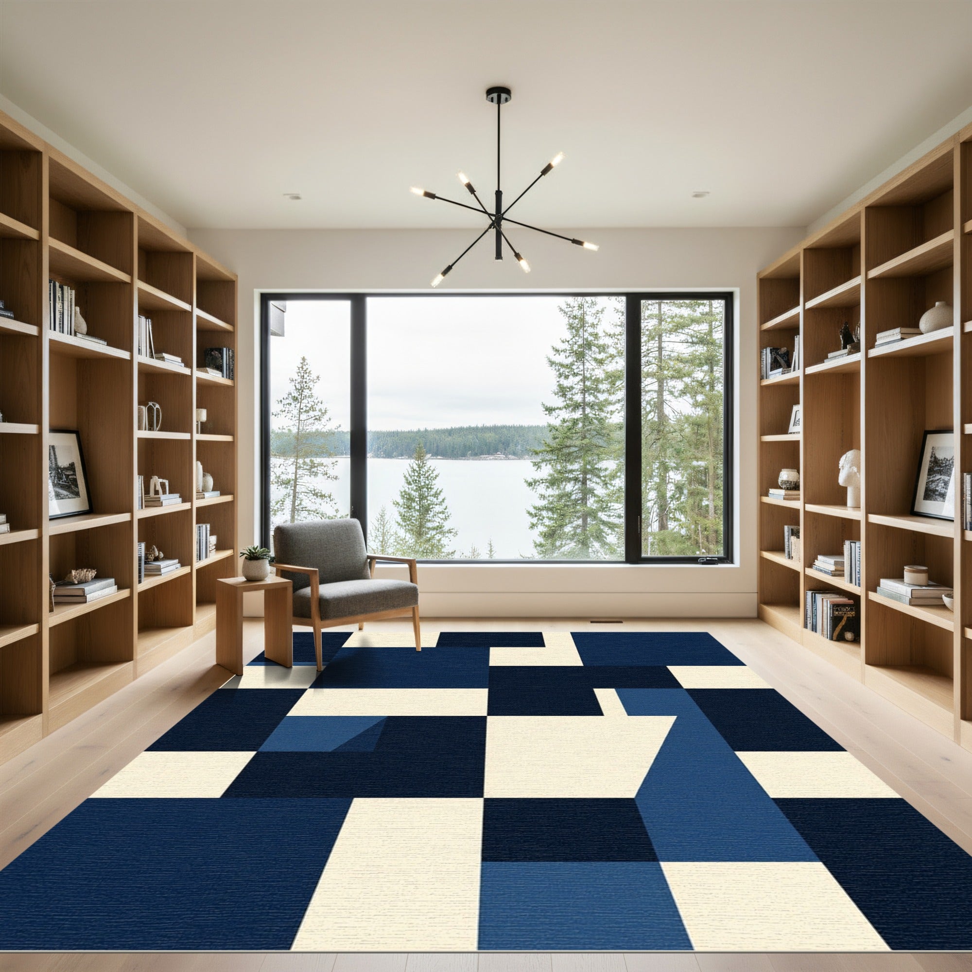 Deep Blue Geometric Block Composition Rug