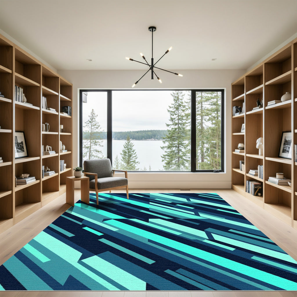 Teal Blue Geometric Slanted Stripes Rug