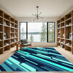 Teal Blue Geometric Slanted Stripes Rug