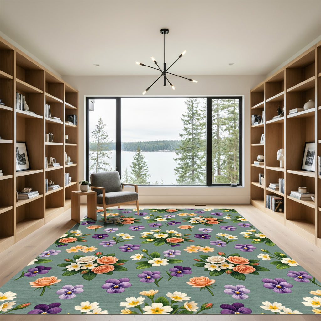 Whimsical Peach Rose Violet Garden Rug