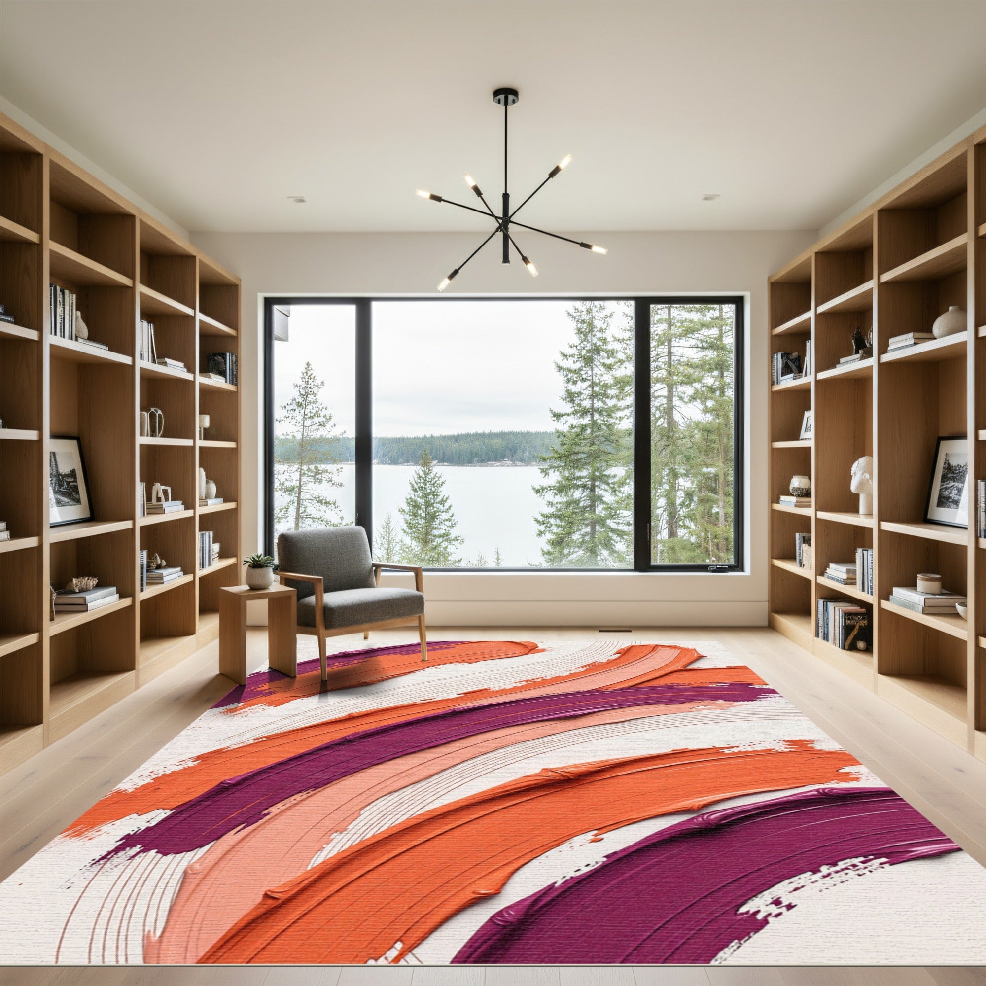 Modern Abstract Painted Orange Purple Curves Rug