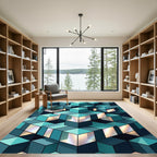 Geometric Cyan Cubic Abstract Illusion Rug