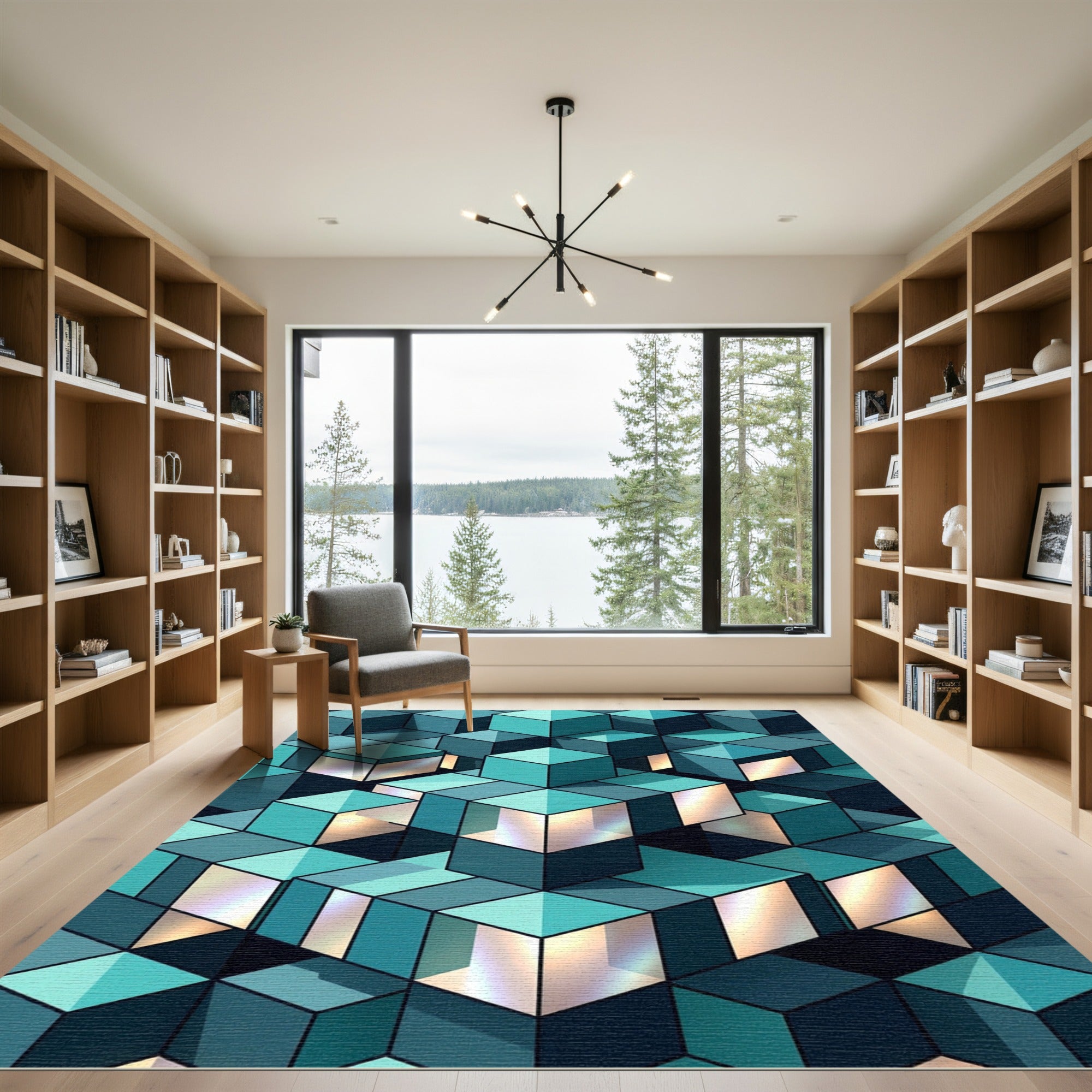 Geometric Cyan Cubic Abstract Illusion Rug