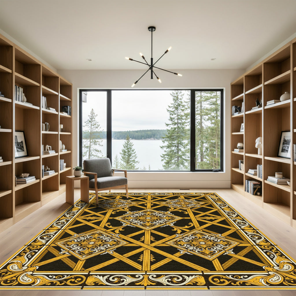 Gold and Black Ornate Medallion Rug