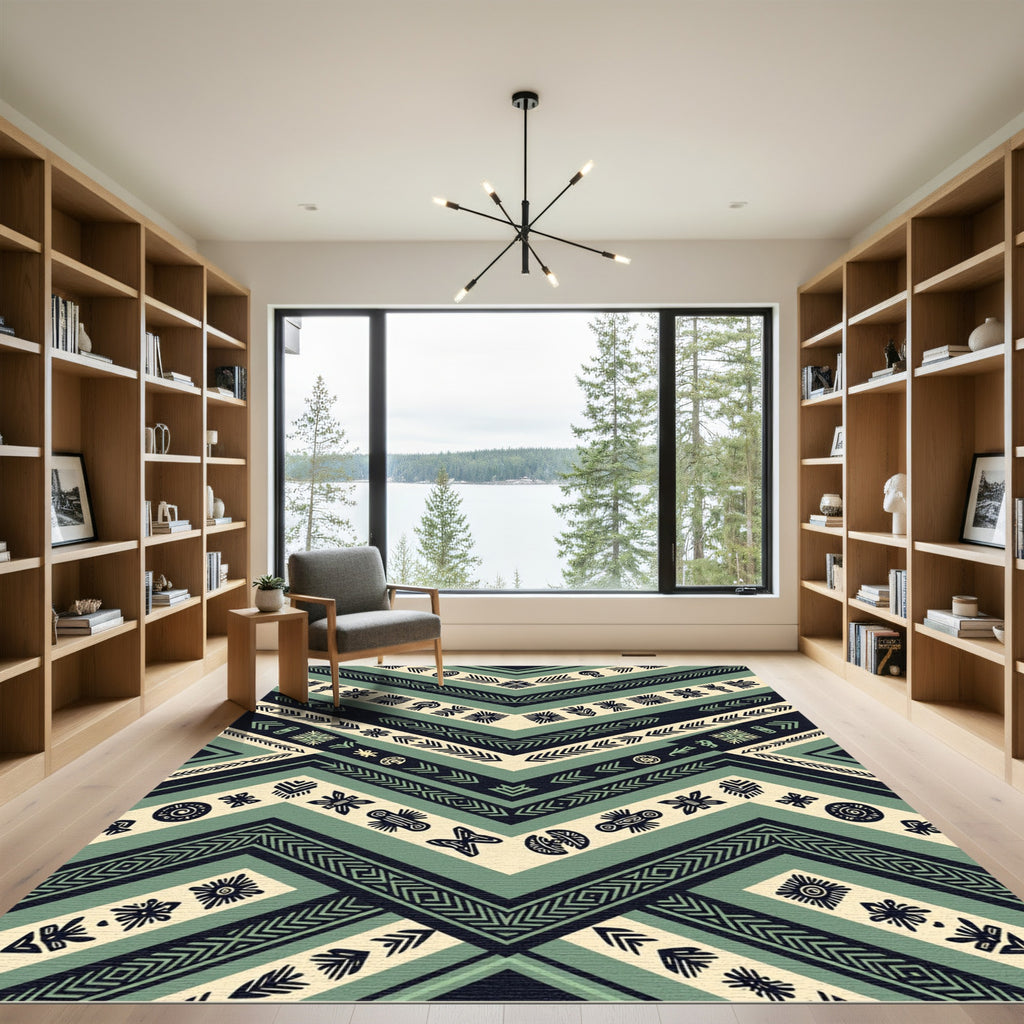 Sage Teal Geometric Tribal Chevron Rug