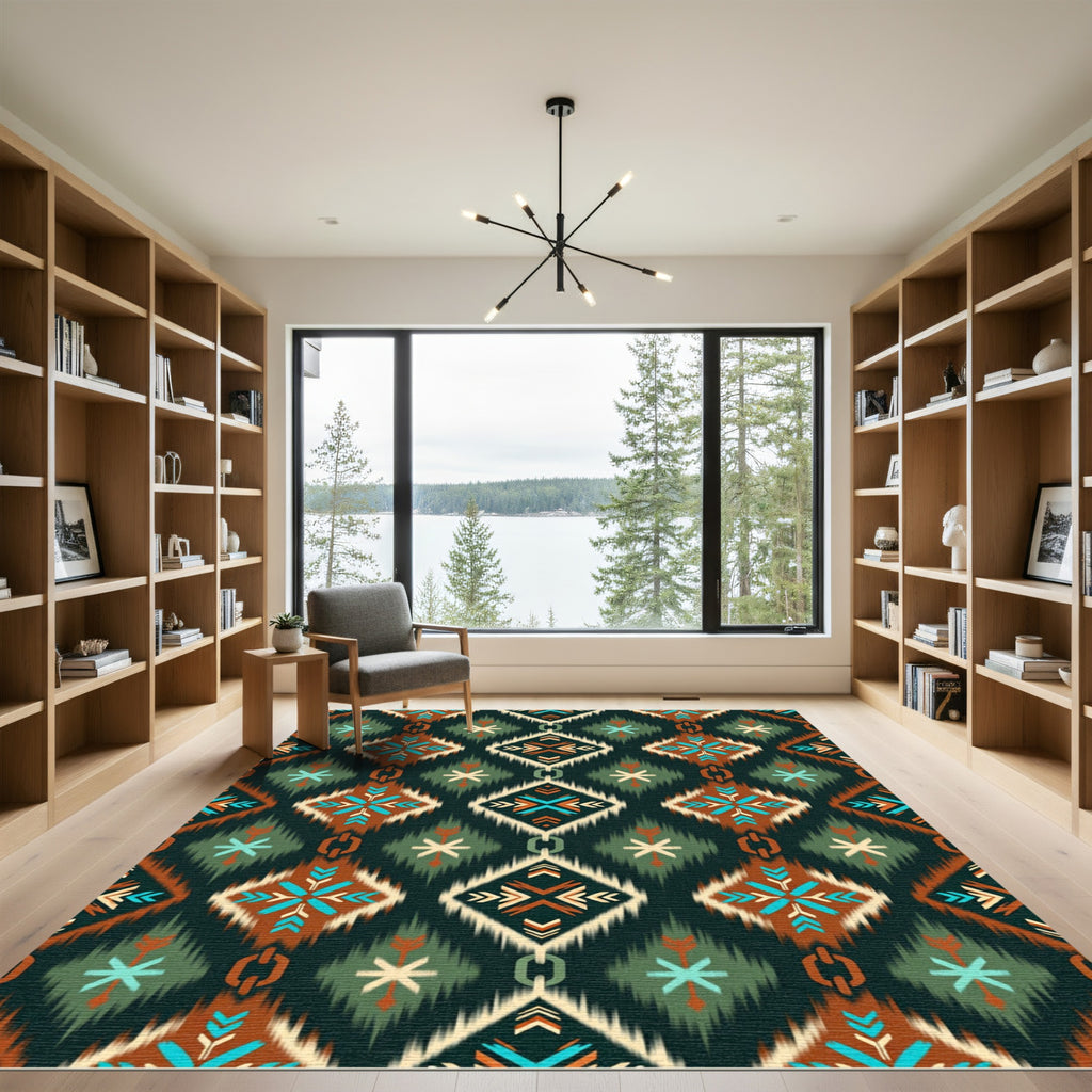 Terracotta Teal Abstract Ikat Diamond Rug