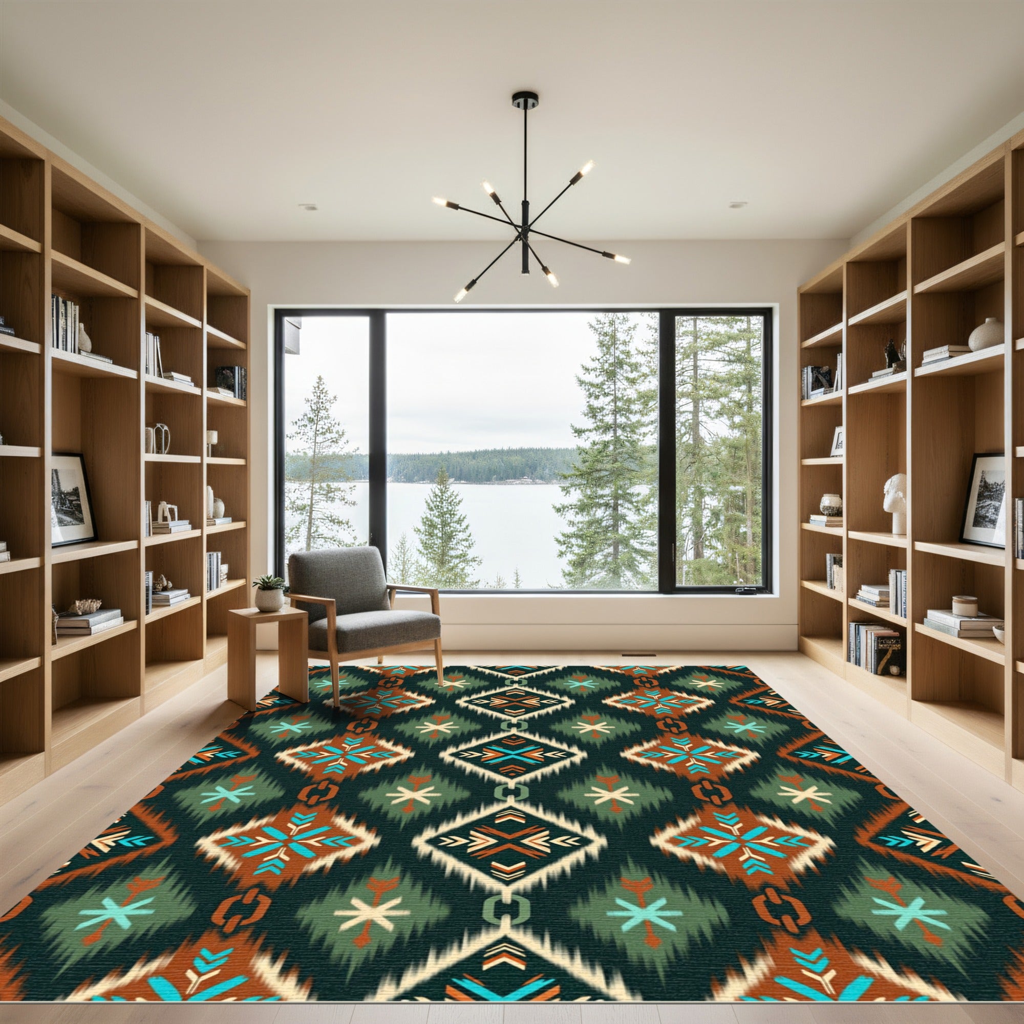 Terracotta Teal Abstract Ikat Diamond Rug
