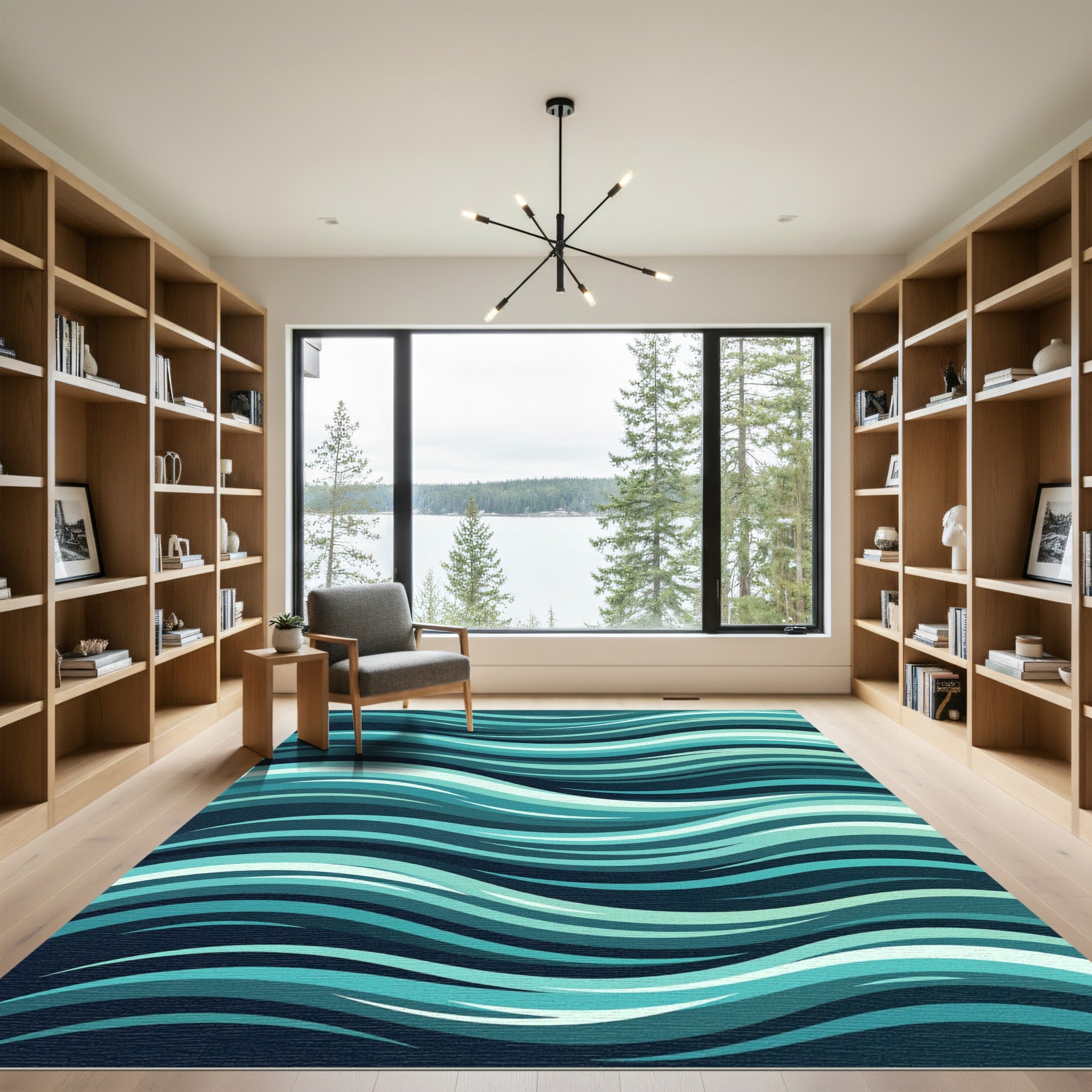 Modern Teal Flowing Abstract Wave Rug