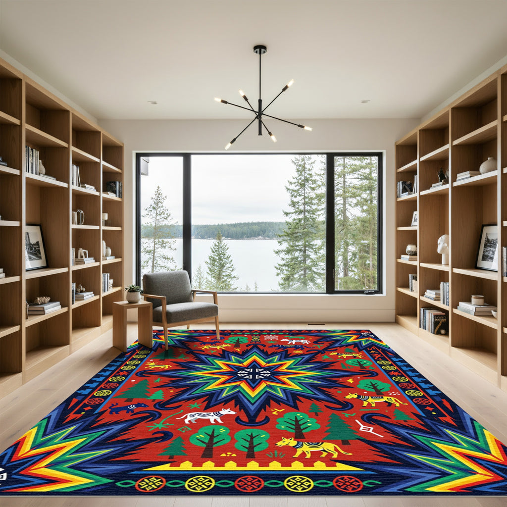 Vibrant Geometric Star Animal Forest Area Rug