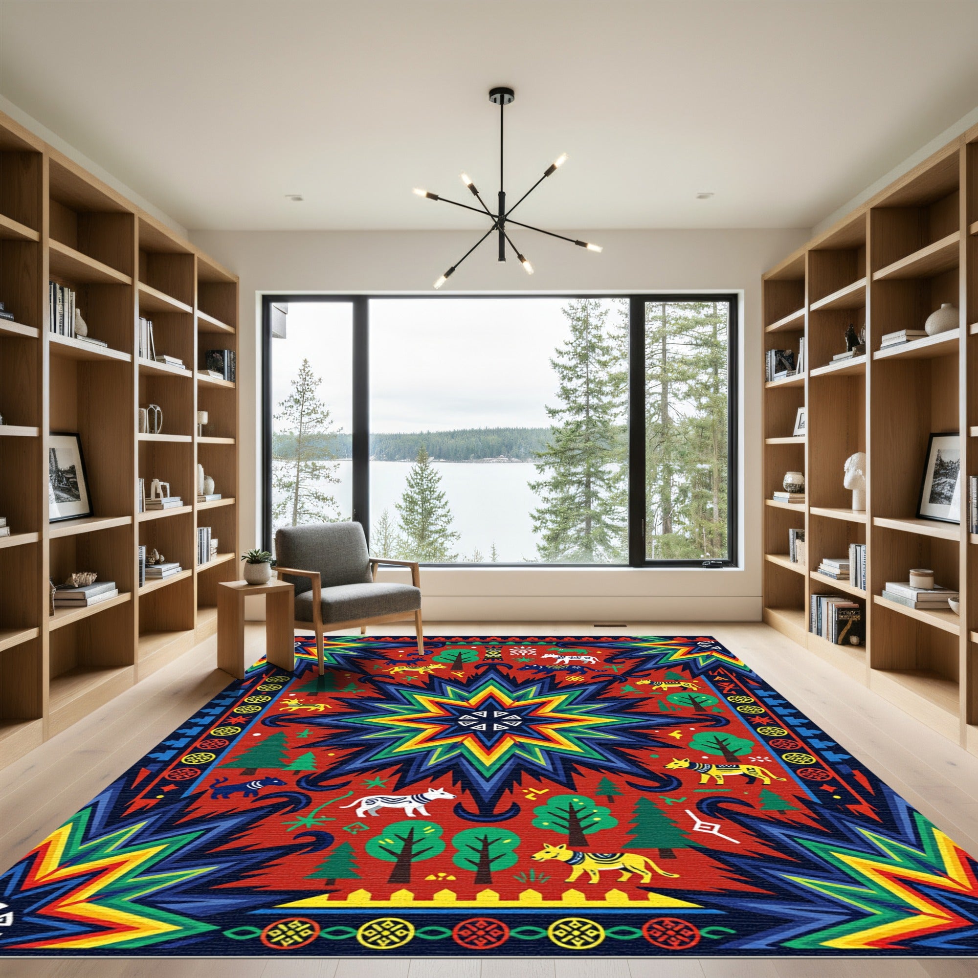 Vibrant Geometric Star Animal Forest Area Rug