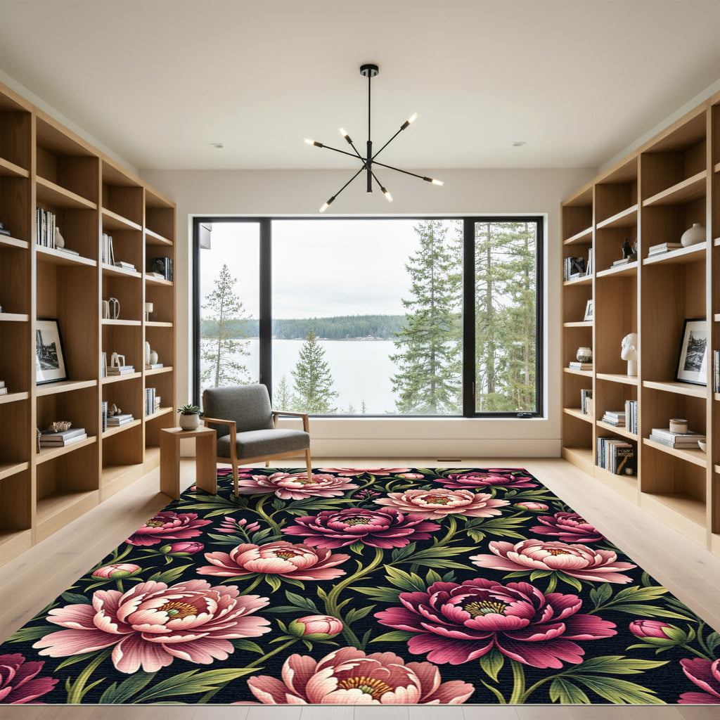 Elegant Dark Pink Peony Floral Garden Rug