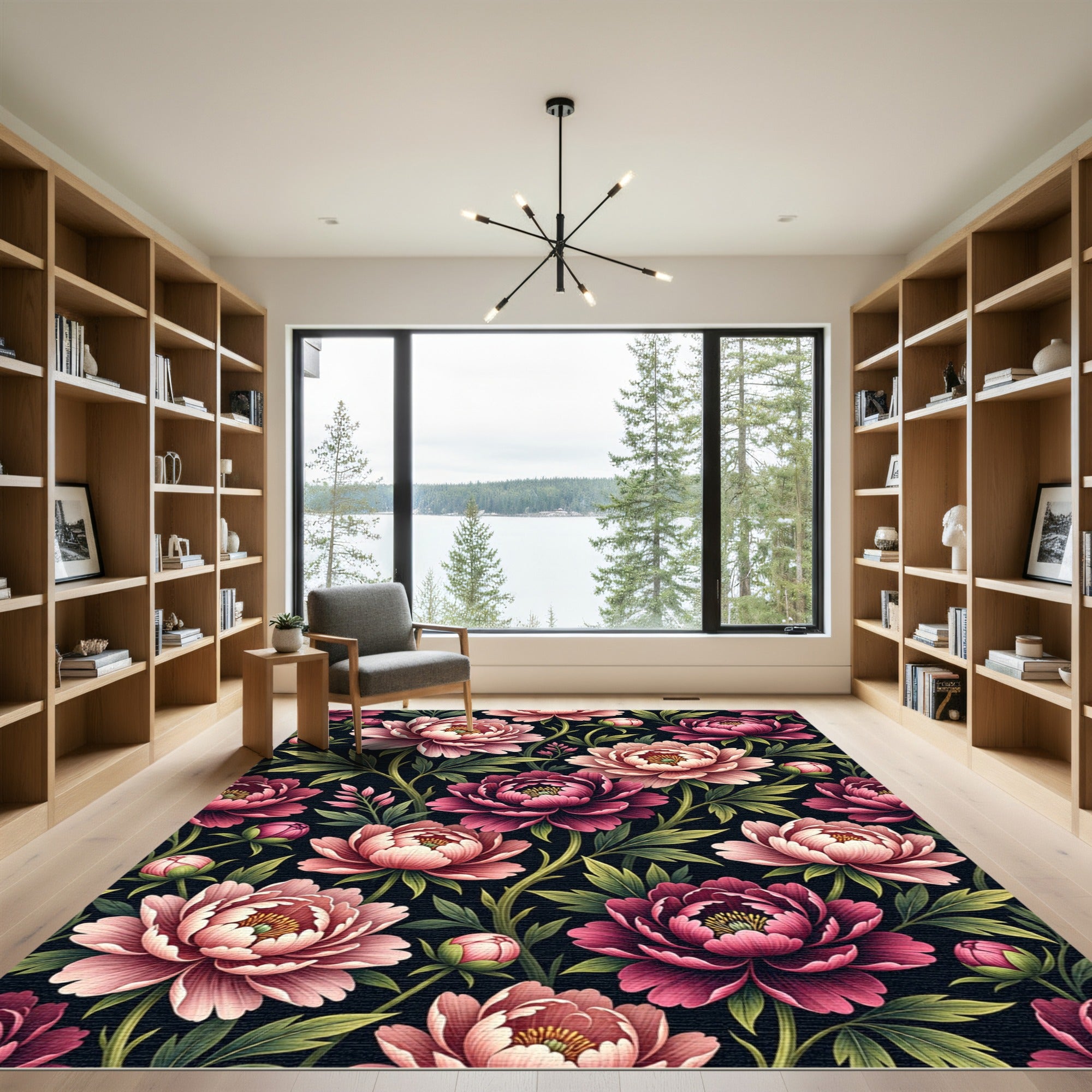 Elegant Dark Pink Peony Floral Garden Rug