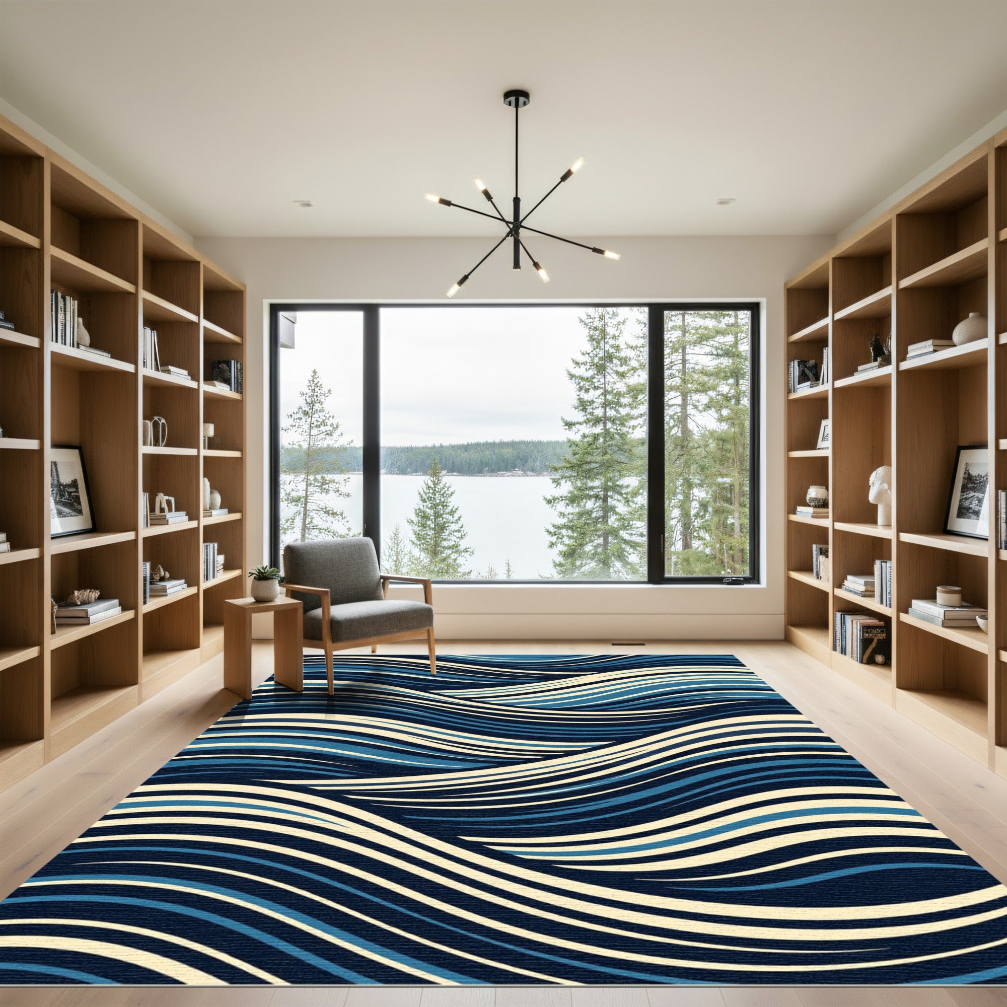 Modern Indigo Flowing Abstract Wave Rug