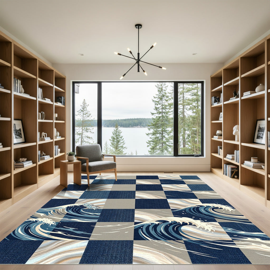 Navy Blue Checkered Wave Art Rug