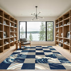 Navy Blue Checkered Wave Art Rug