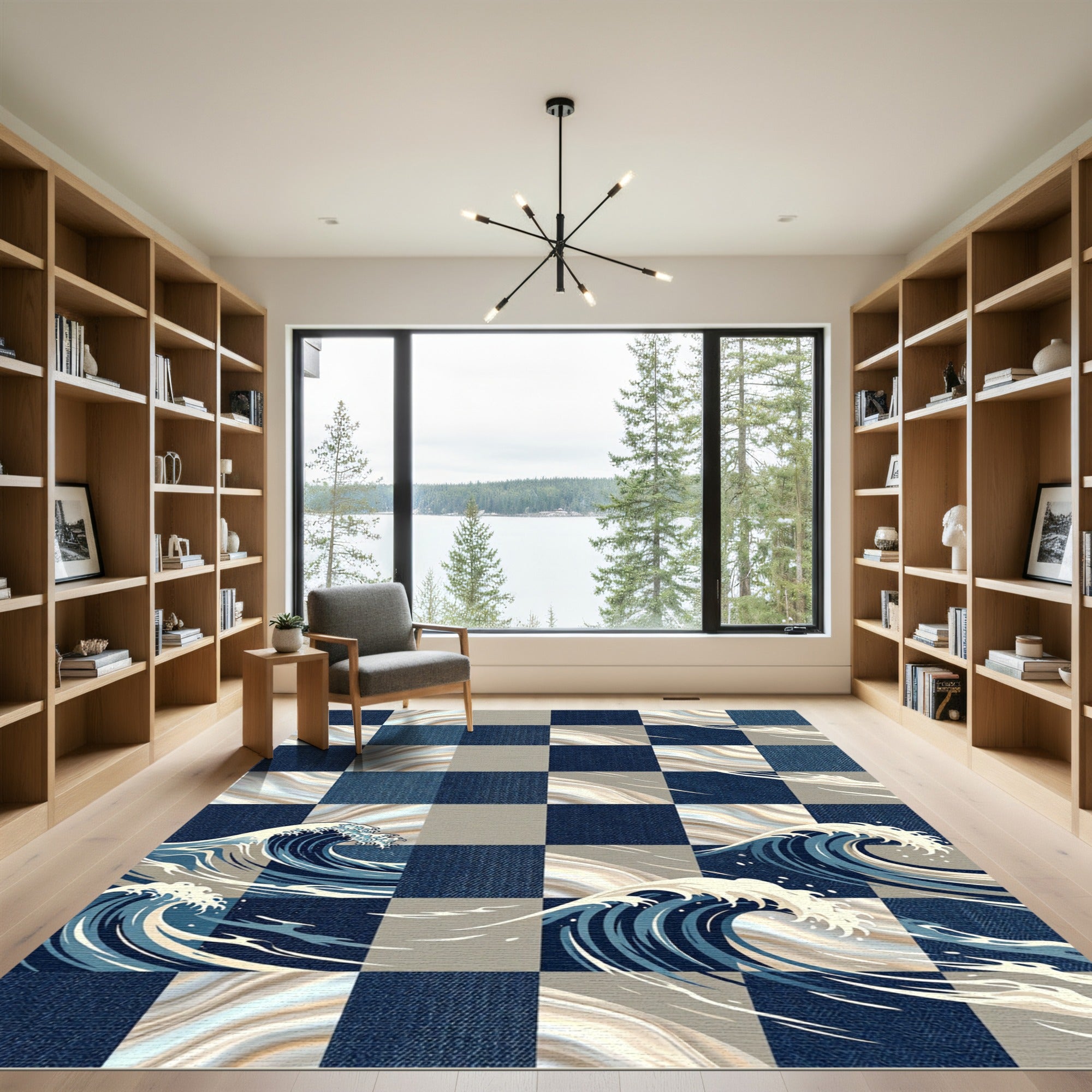 Navy Blue Checkered Wave Art Rug