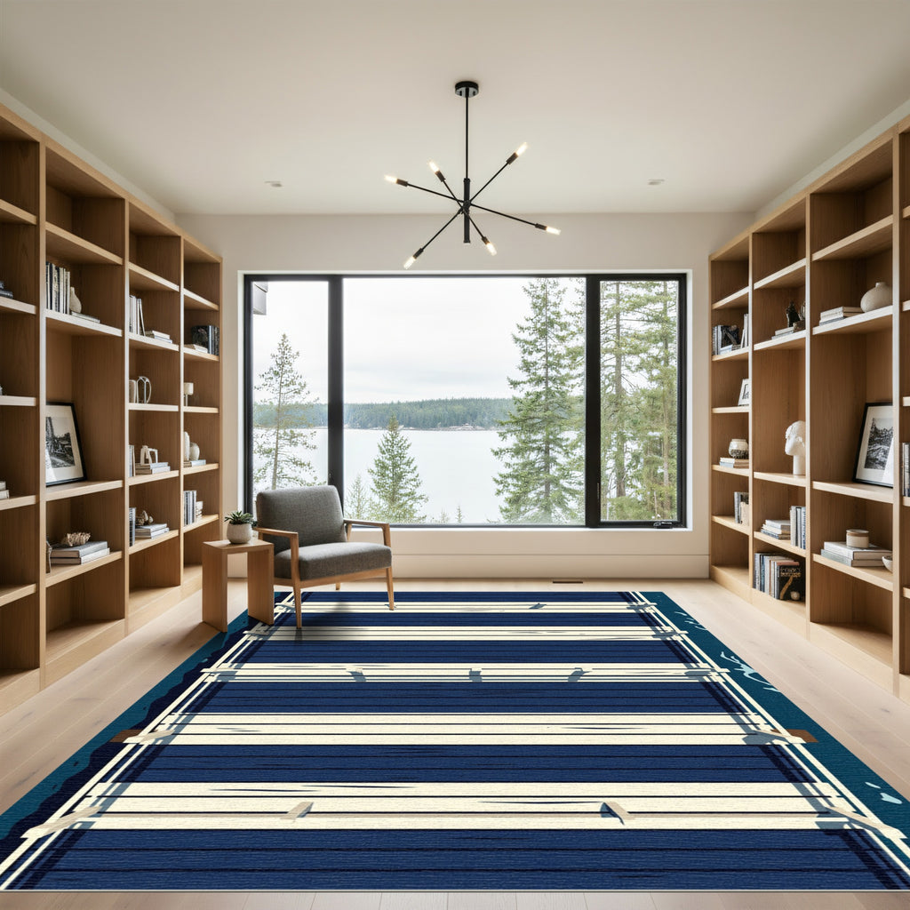 Modern Navy Blue Horizontal Stripe Rug