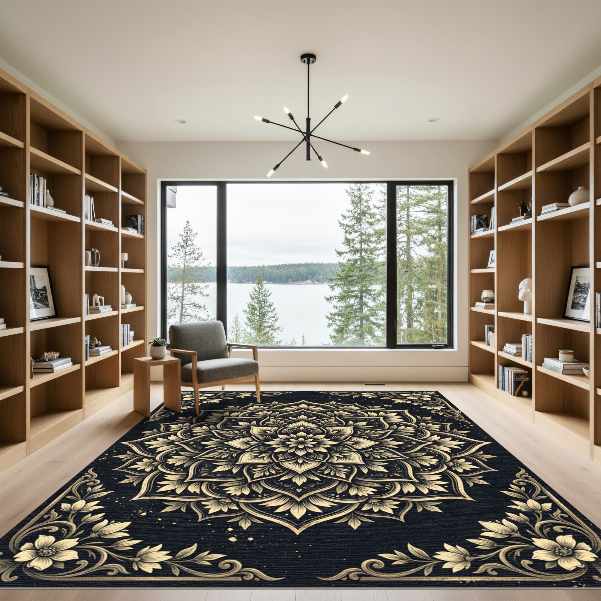 Ornate Gold Floral Mandala Ebony Backdrop Rug