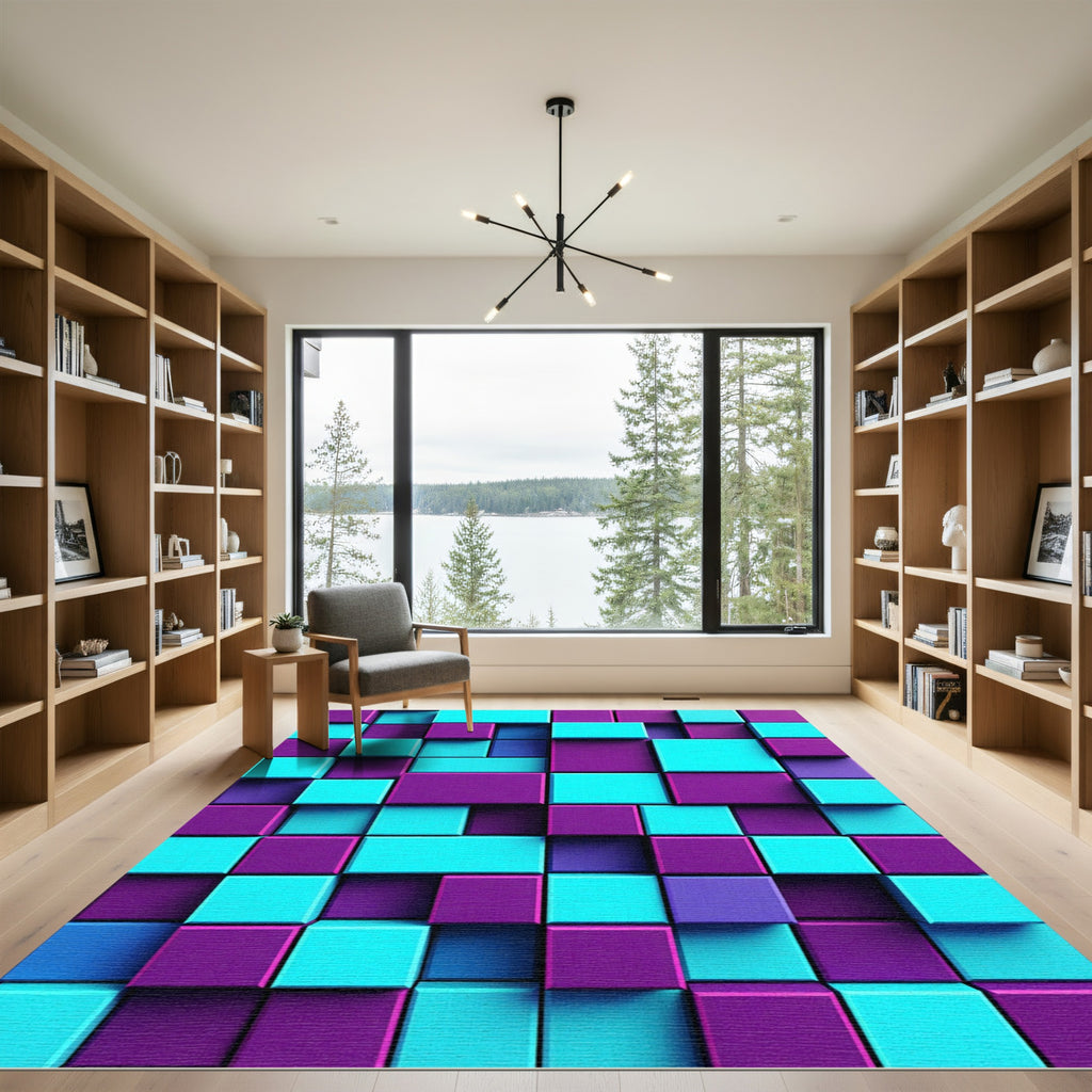 Vibrant Neon Grid Geometric Abstract Rug