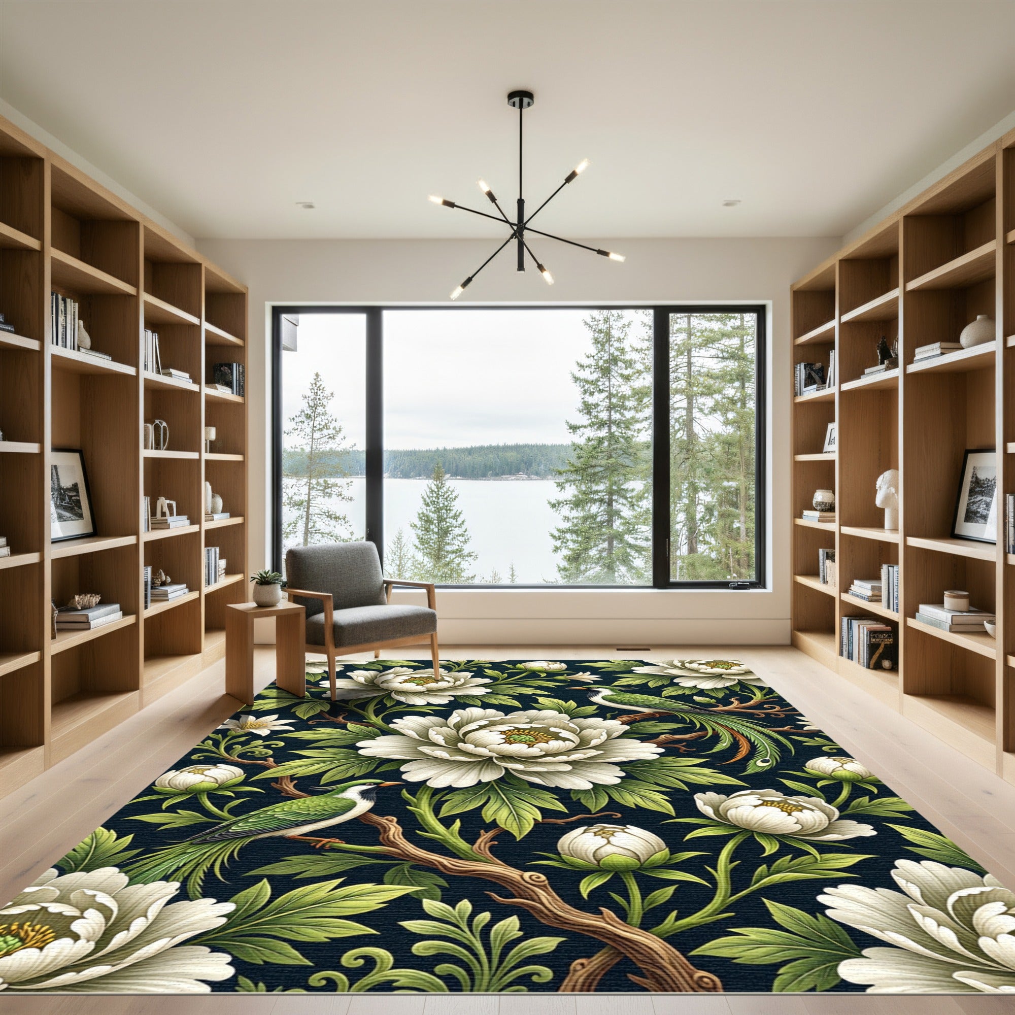 Elegant White Peony Green Bird Tapestry Rug