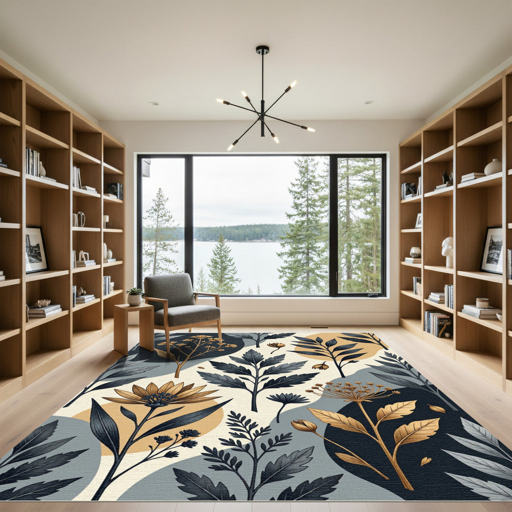 Modern Botanical Gold and Navy Foliage Rug