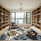 Modern Botanical Gold and Navy Foliage Rug