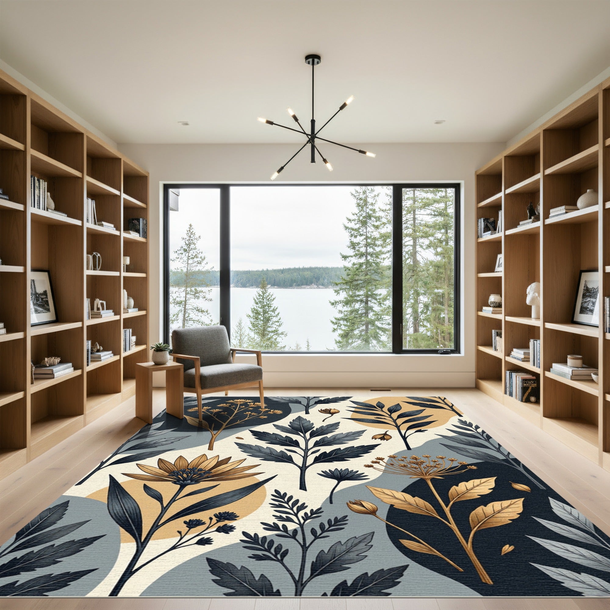 Modern Botanical Gold and Navy Foliage Rug