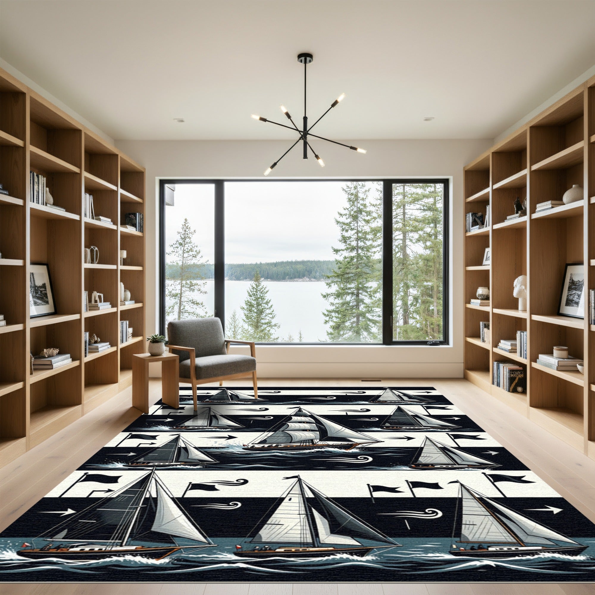 Graphic Monochromatic Nautical Sailboat Striped Rug