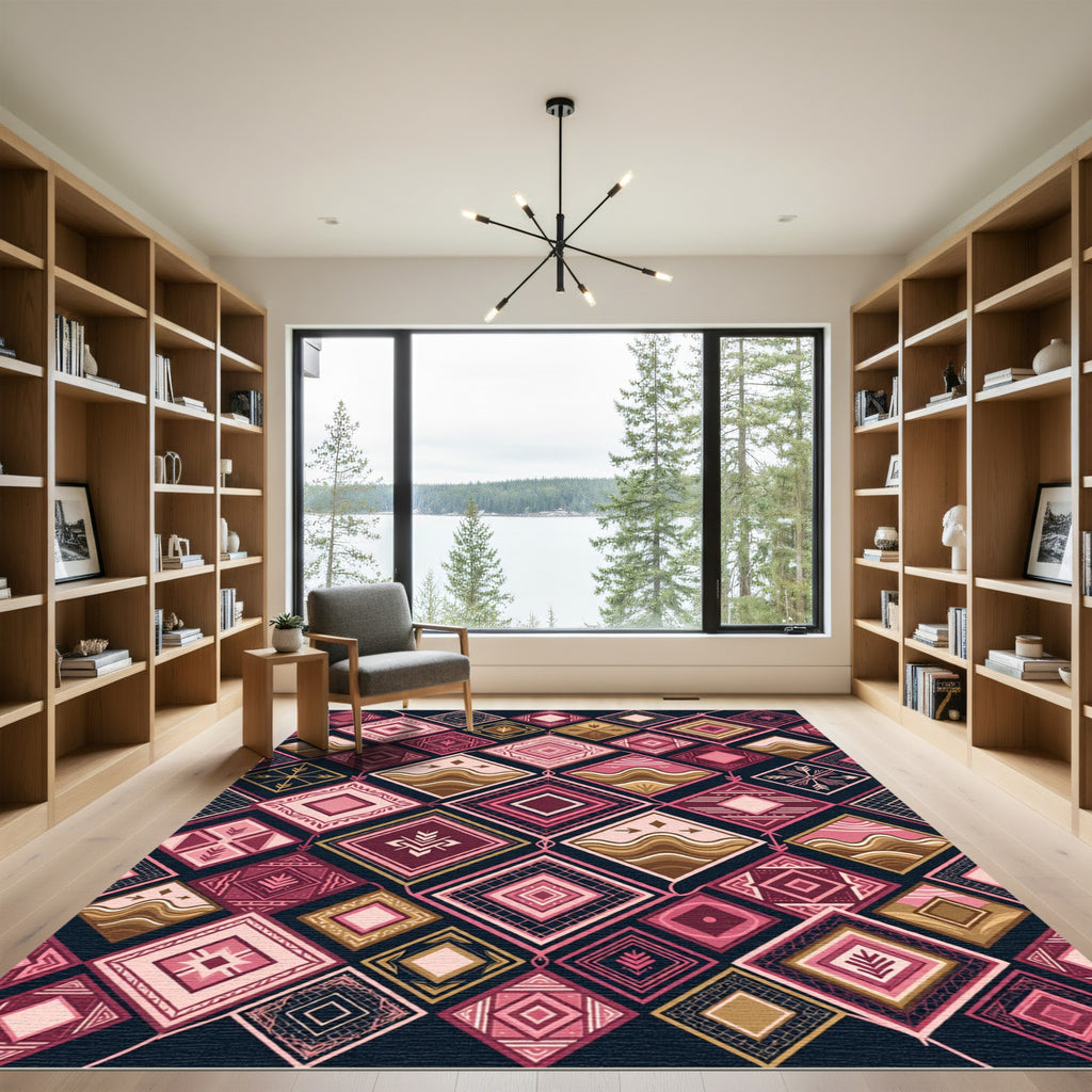 Geometric Pink Earth Tone Diamond Quilt Rug