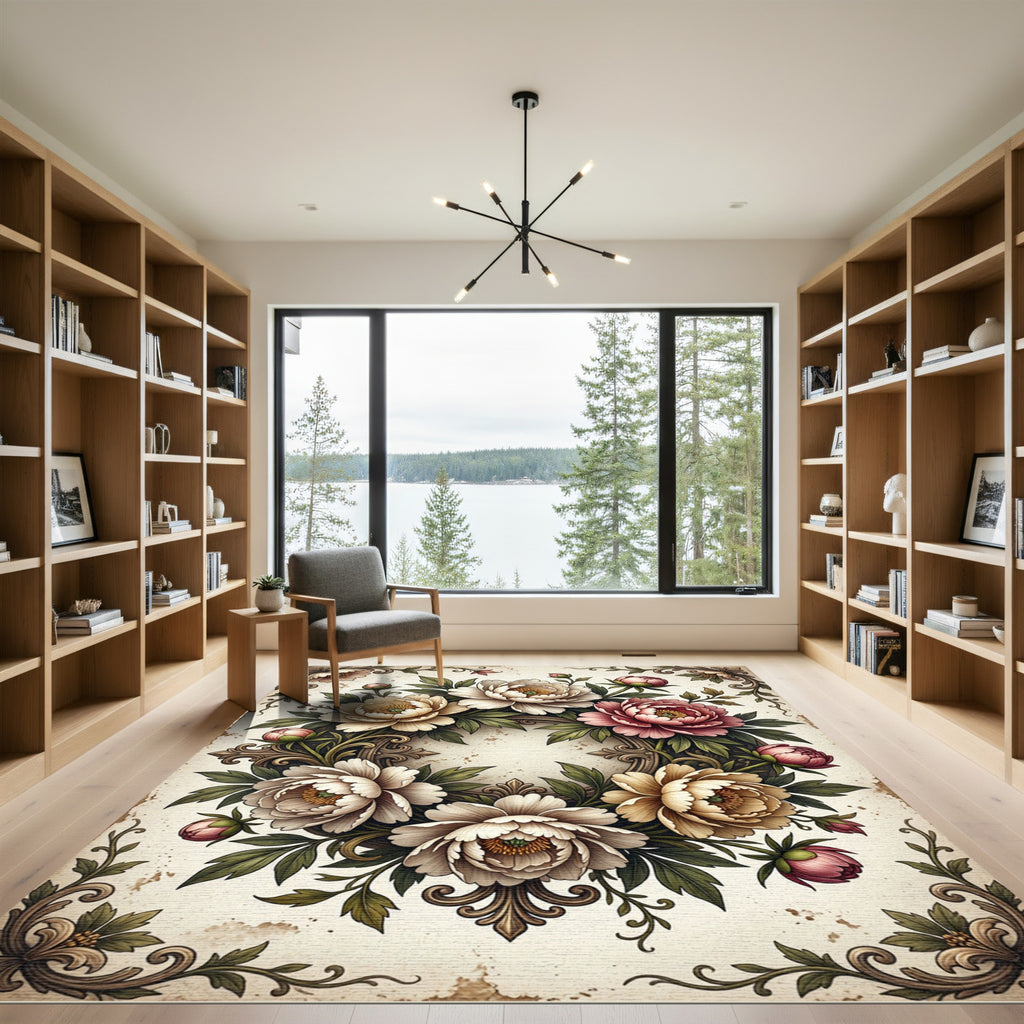 Vintage Cream Peony Floral Wreath Rug