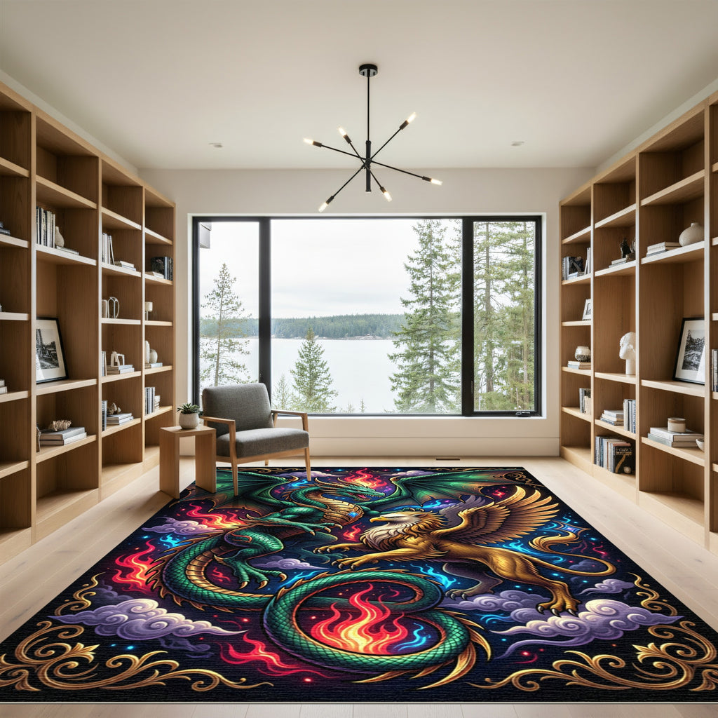 Epic Fantasy Dragon and Griffin Battle Rug