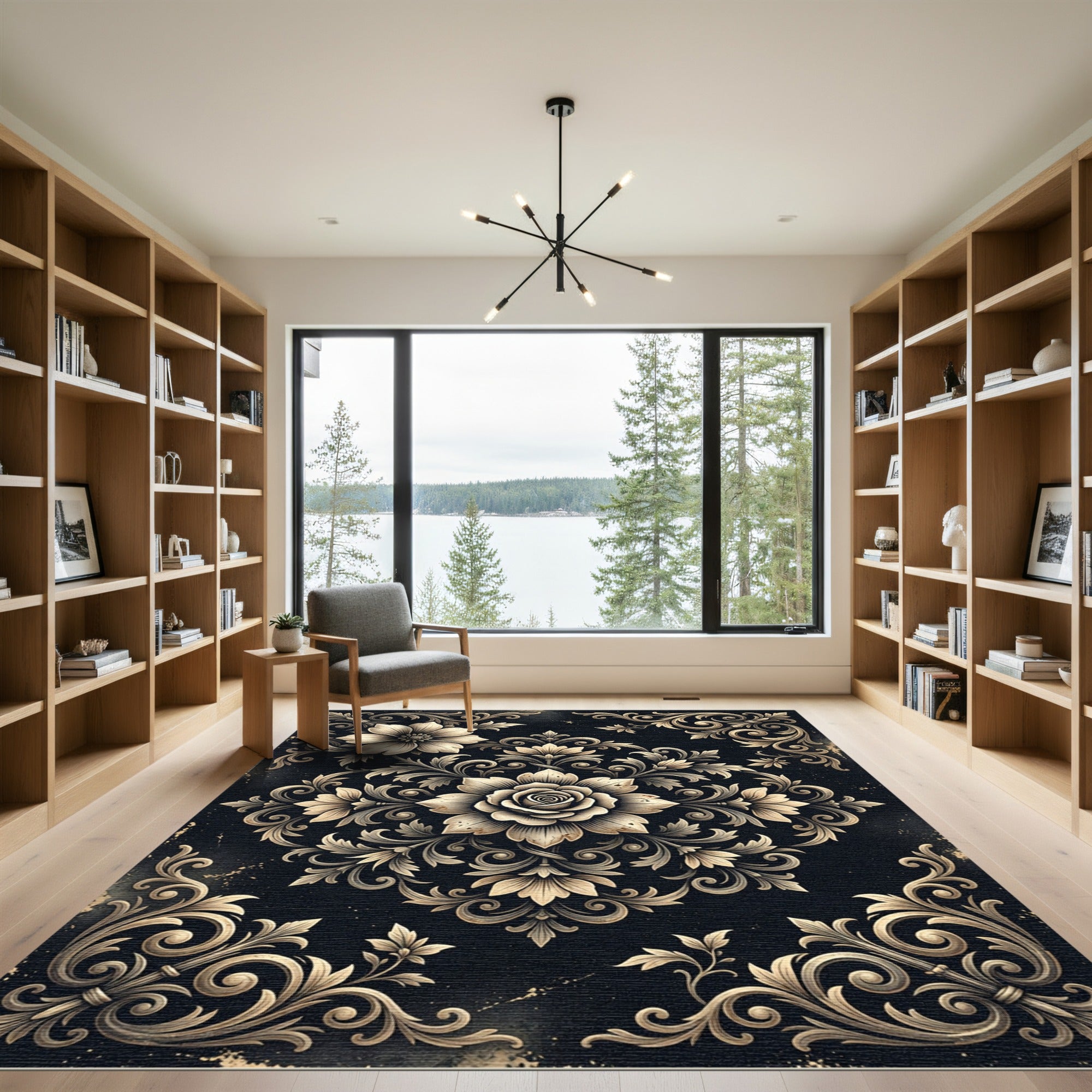 Ornate Floral Scrollwork Black Rug