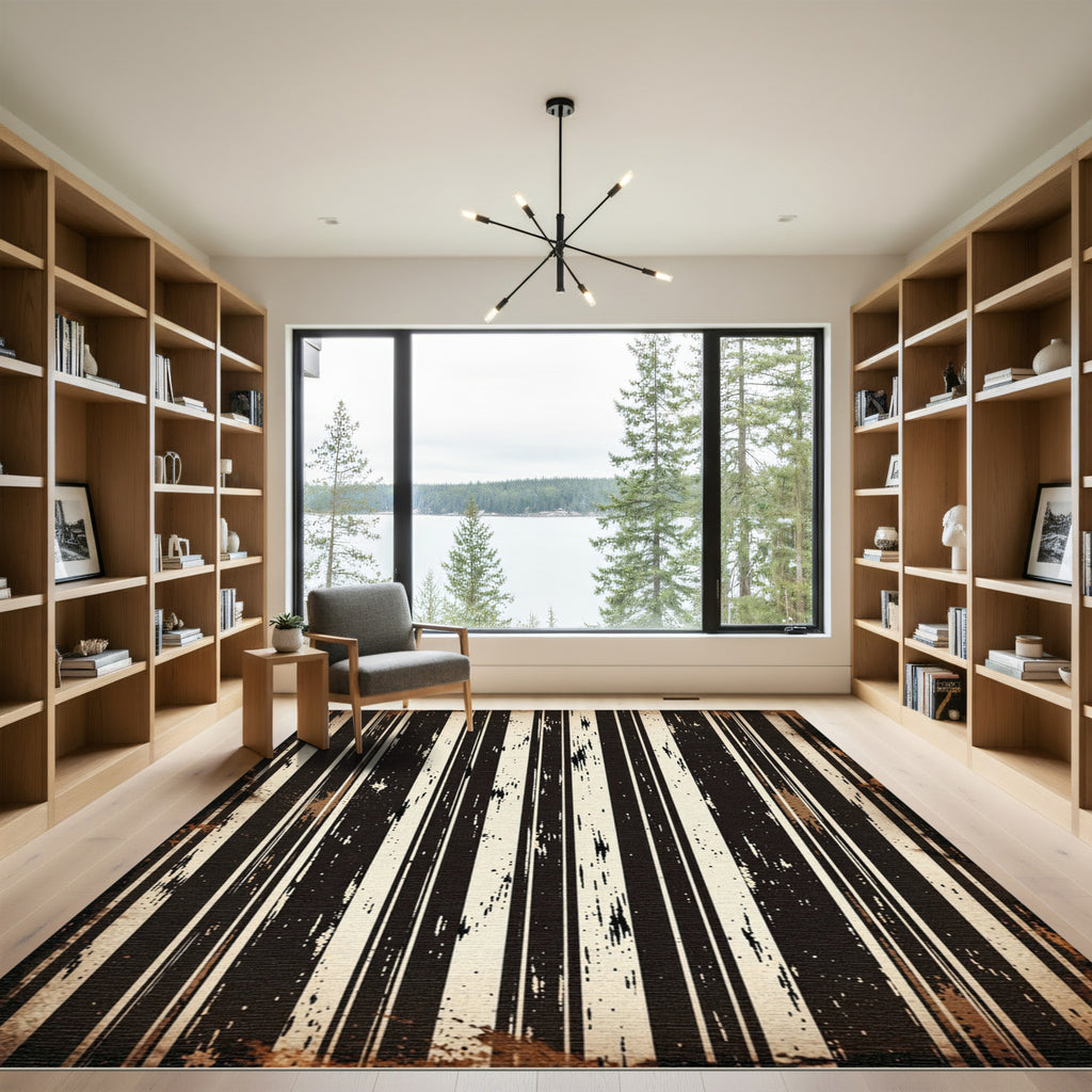 Distressed Black Vertical Stripe Rug