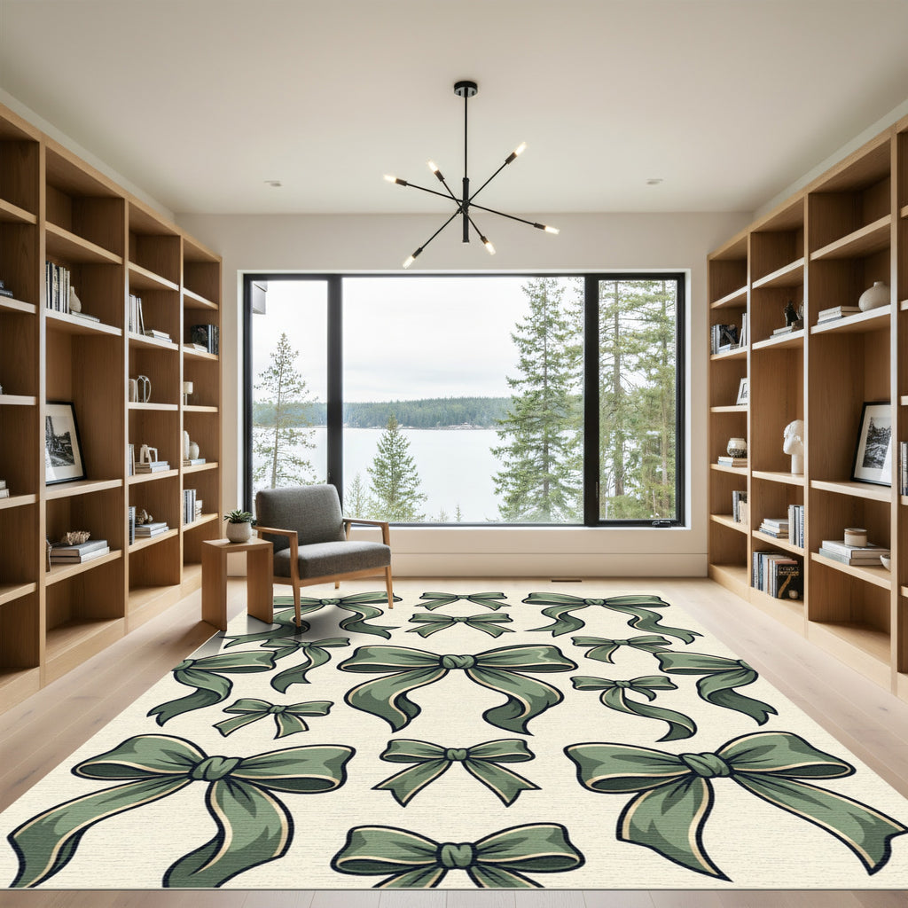 Sage Green Bow Ribbon Illustration Rug
