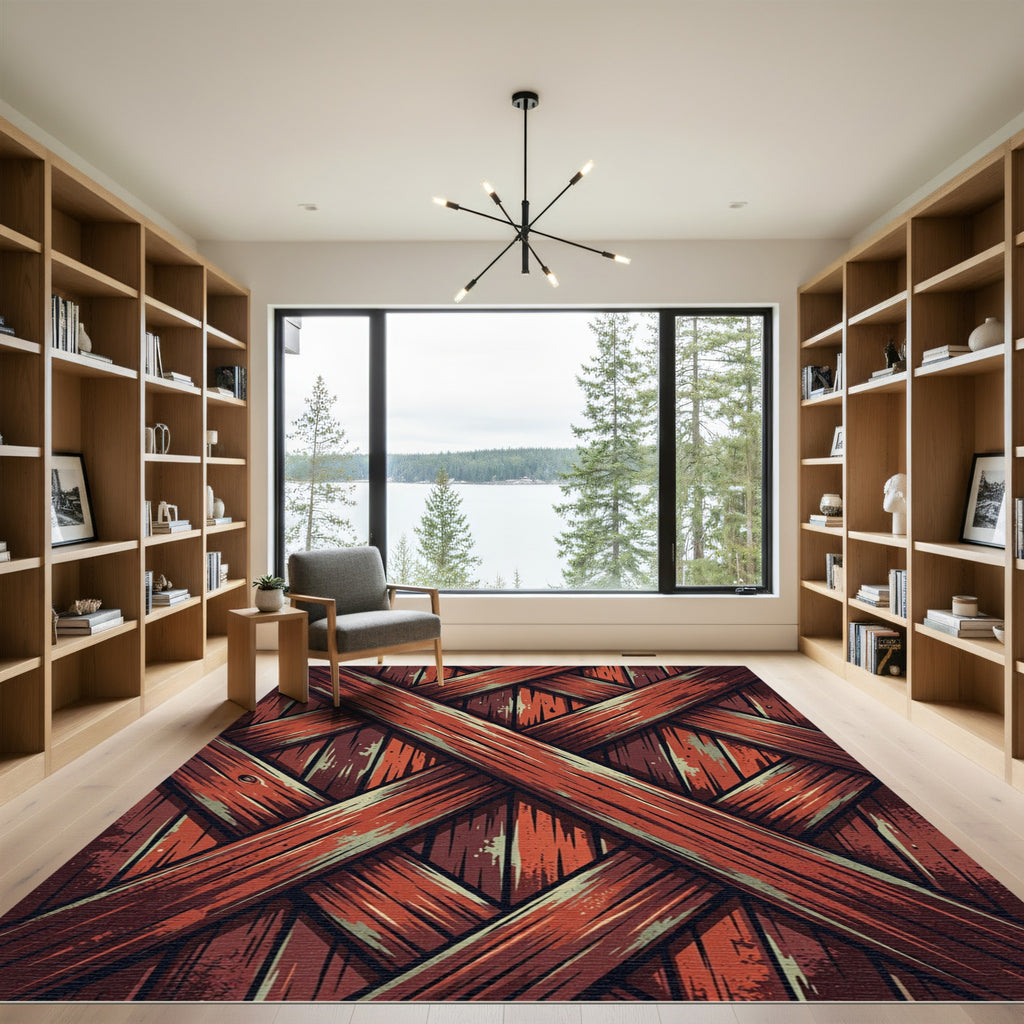 Rustic Crimson Intersecting Wood Lattice Rug