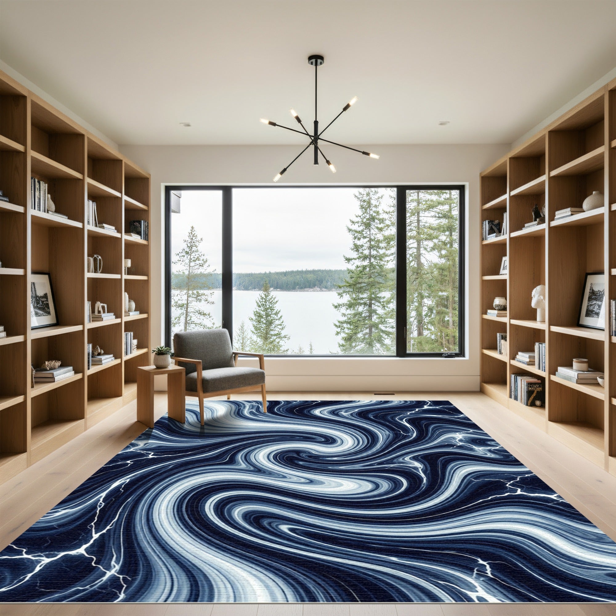 Midnight Navy Swirling Marble Wave Rug