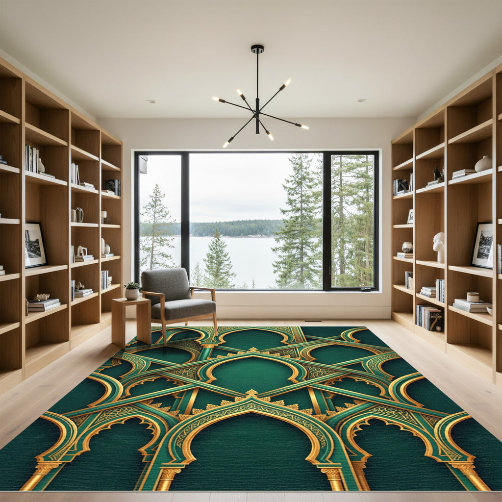 Opulent Golden Emerald Ornate Archway Rug