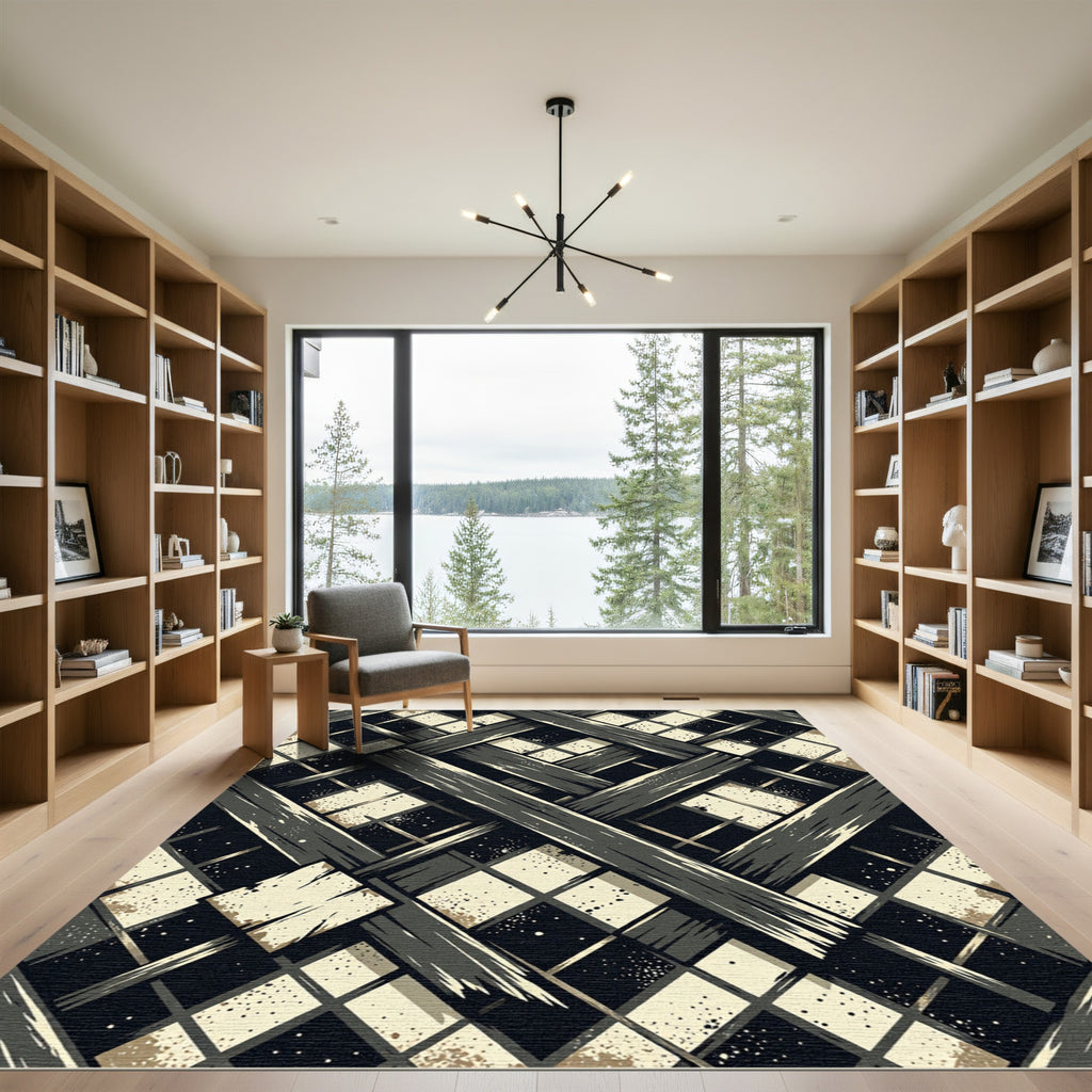 Abstract Monochrome Woven Geometric Charcoal Rug