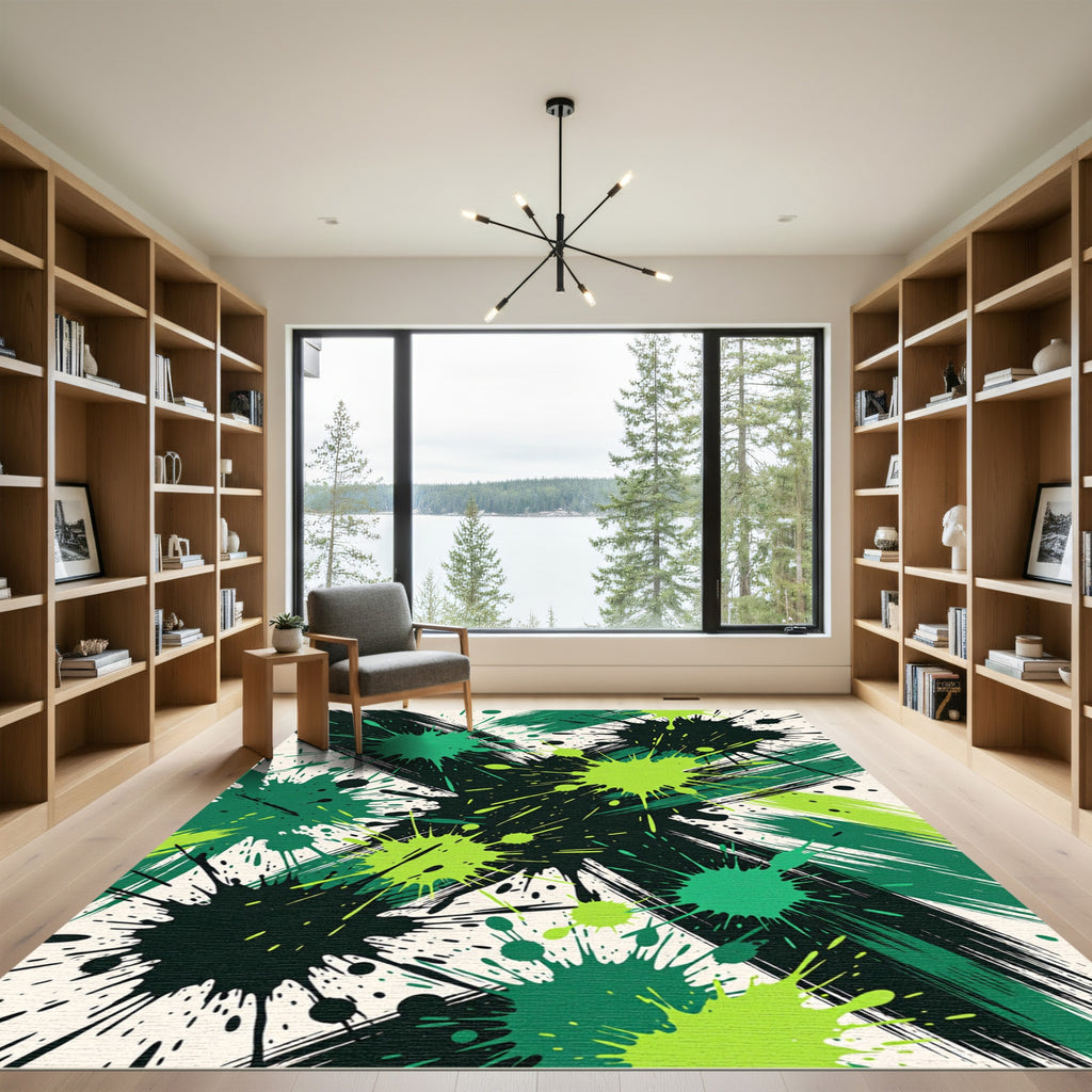 Vibrant Green Splatter Abstract Art Rug