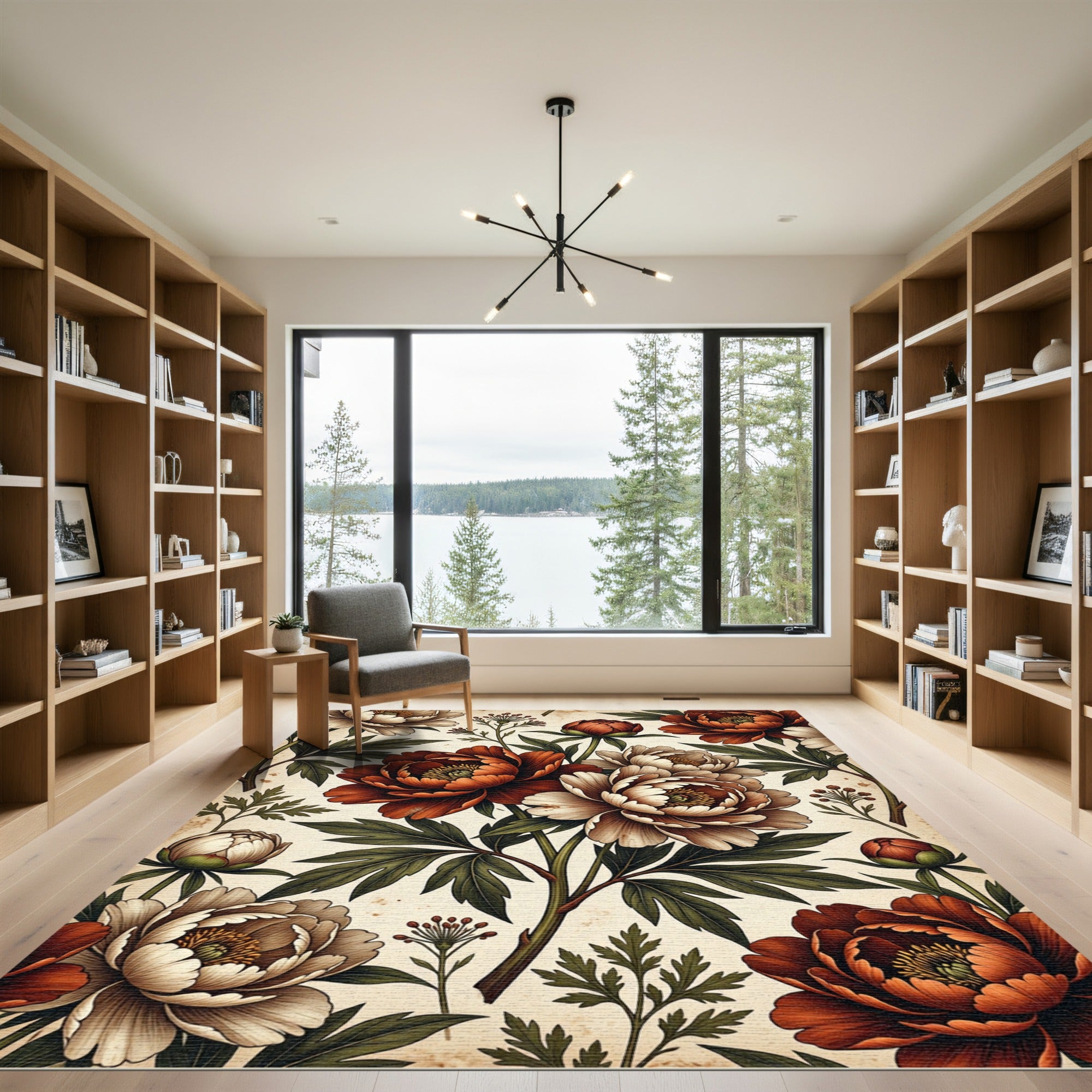 Vintage Peony Floral Branch Artwork Rug
