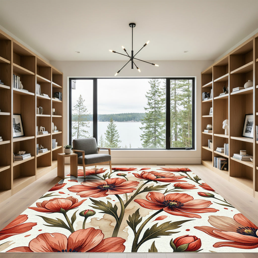 Coral Poppy Blossom Botanical Art Rug