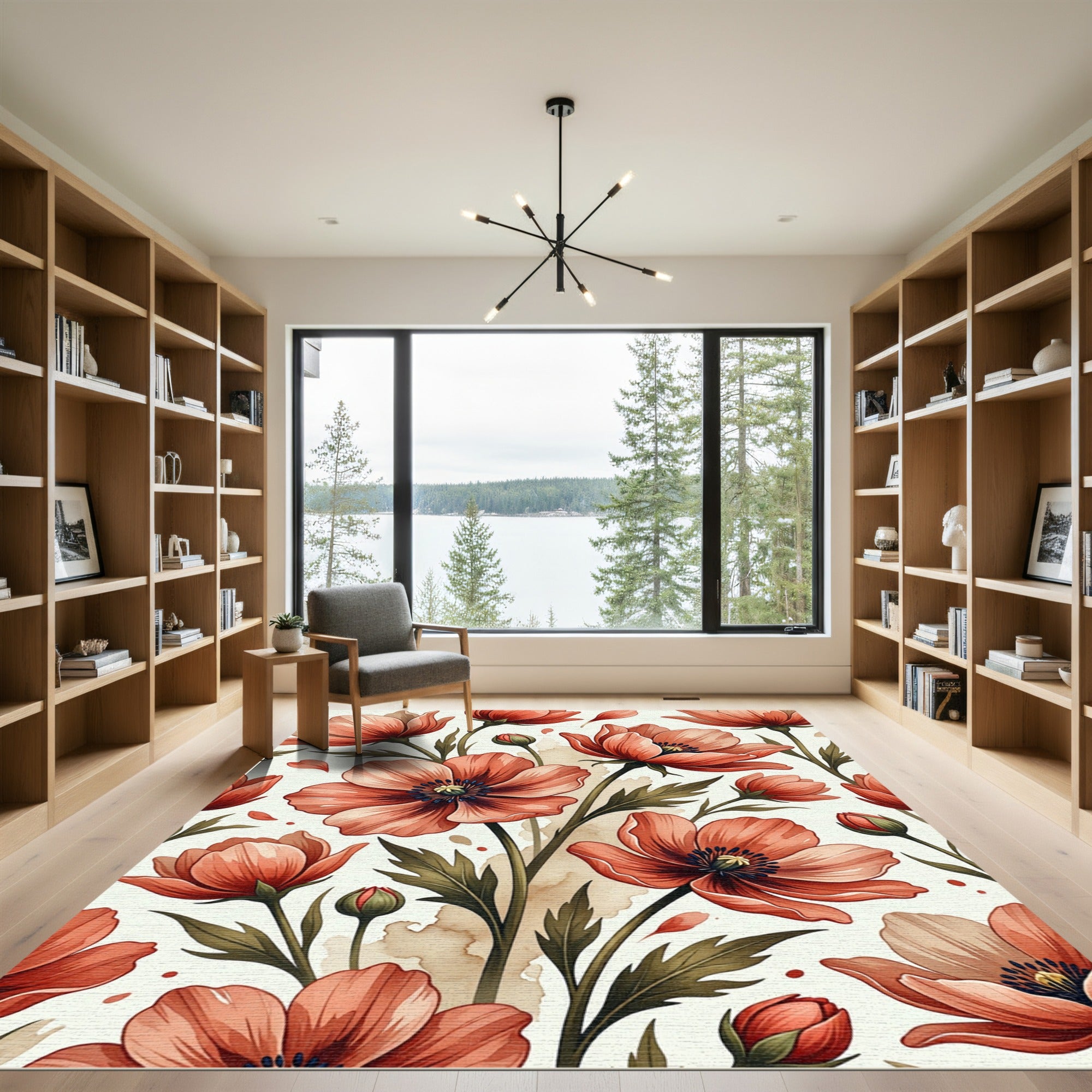 Coral Poppy Blossom Botanical Art Rug