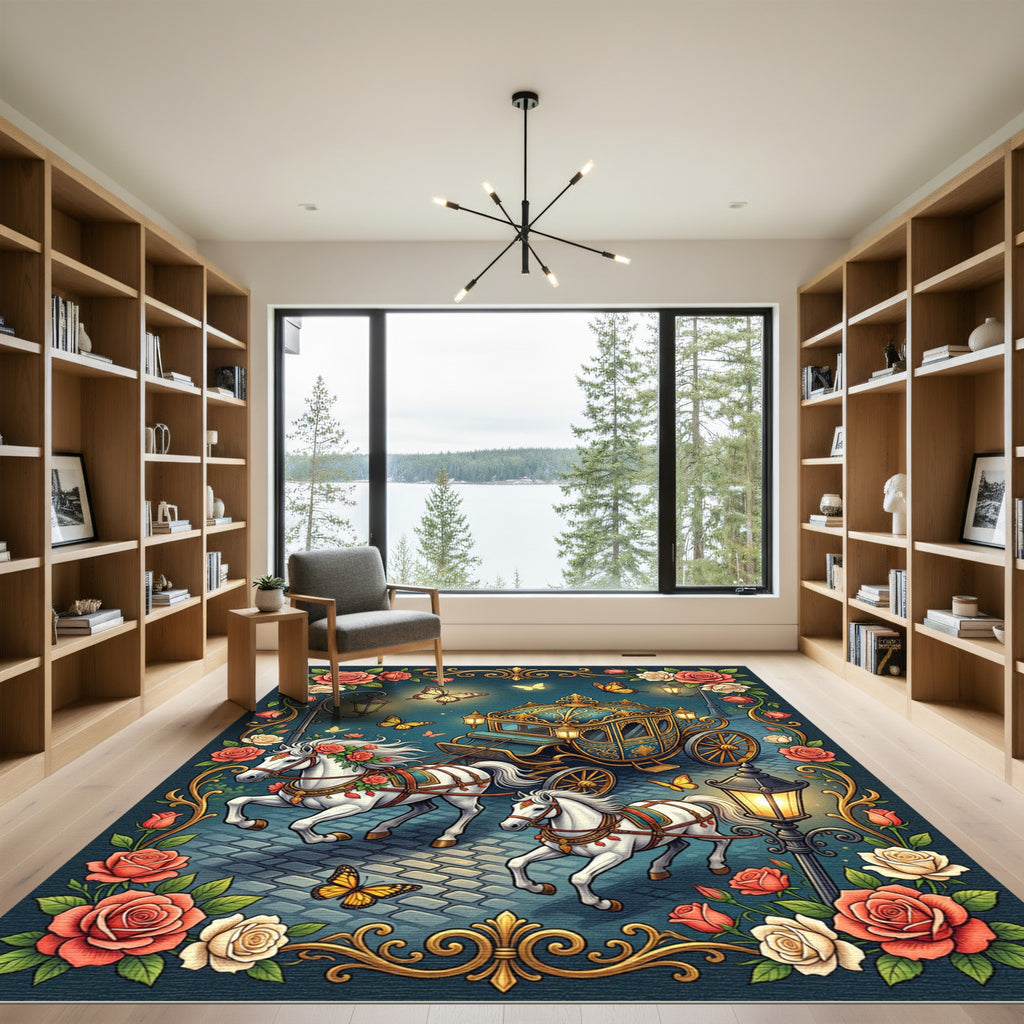 Whimsical Golden Butterfly Carriage Floral Rug